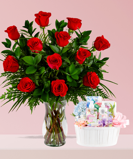 dozen roses with package of bath and body essentials for valentines day in baton rouge la