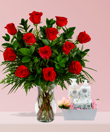 Romantic Spa Package with red roses in a glass vase and a spa gift basket featuring Michel Design Works Butterfly Fields products.