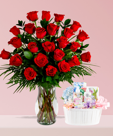 dozen roses with package of bath and body essentials for valentines day in baton rouge la