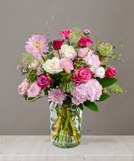 Belle Flower Arrangement: A stunning arrangement of roses, DAHLIAS , and hydrangeas in an elegant vase