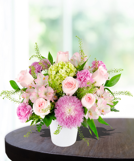 Blooms for Mom Flower Arrangement: A classy mix of pink and green flowers  in a beautiful vase