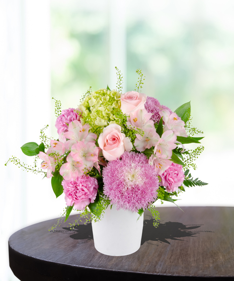 Blooms for Mom Flower Arrangement: A classy mix of pink and green flowers  in a beautiful vase