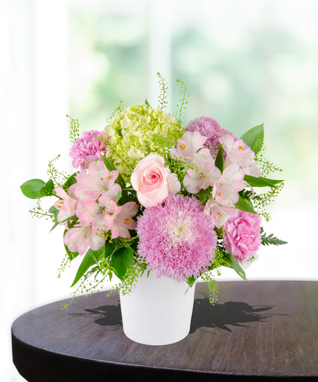 Blooms for Mom Flower Arrangement: A classy mix of pink and green flowers  in a beautiful vase