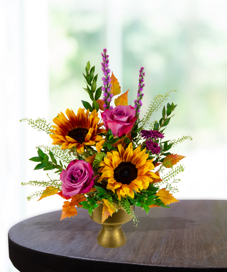 Geaux Gold LSU-inspired flower arrangement featuring gold and purple blooms by Billy Heroman’s in Baton Rouge, La