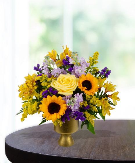 yellow roses, sunflowers, purple stock, purple statice, solidago,  delivered in  Baton Rouge, LA Billy Heroman's