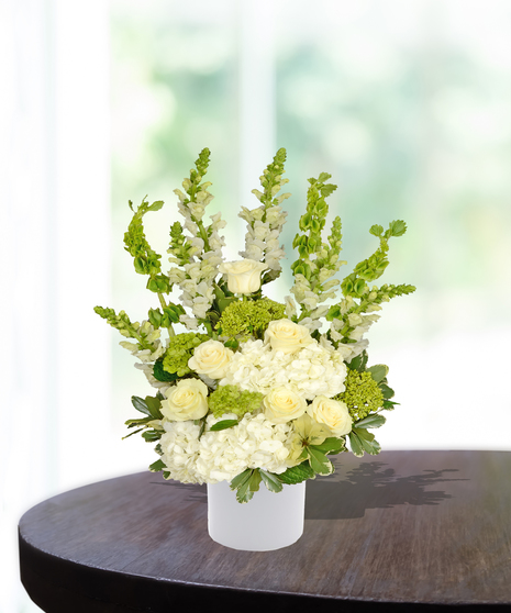 White roses, hydrangeas, snapdragons in Haven Vase from Accent Decor - Billy Heroman's