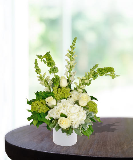 White roses, hydrangeas, snapdragons in Haven Vase from Accent Decor - Billy Heroman's