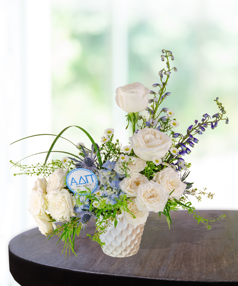 Alpha Delta Pi arrangement with white and blue ribbon sorority rush week baton rouge la