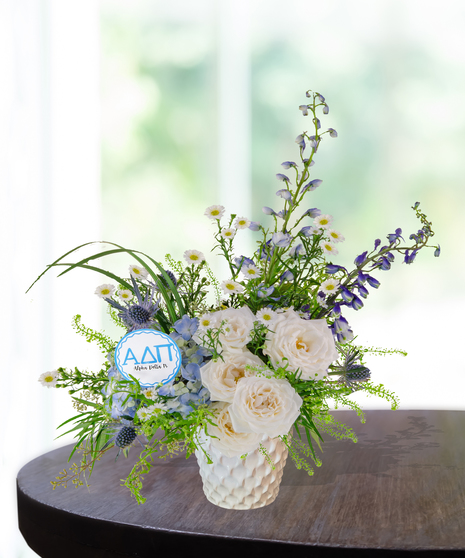 Alpha Delta Pi arrangement with white and blue ribbon sorority rush week baton rouge la