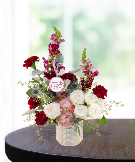 pi phi burgundy carnation cube arrangement blue and burgundy ribbon for rush week in baton rouge la