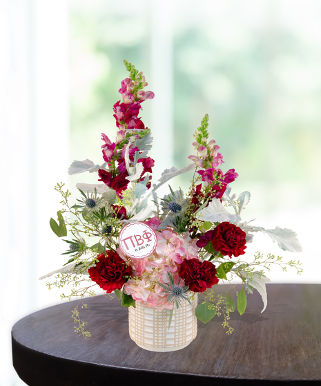 pi phi burgundy carnation cube arrangement blue and burgundy ribbon for rush week in baton rouge la